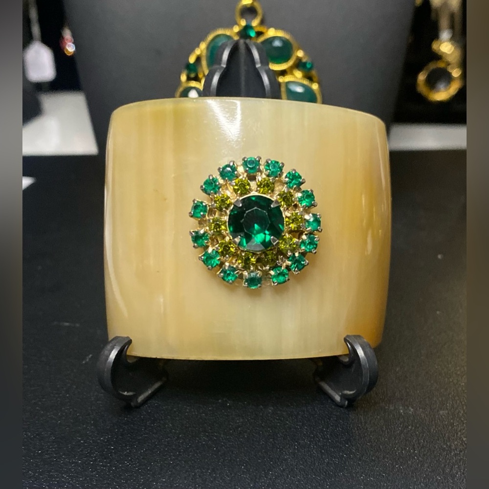 Vintage Buffalo Horn Cuff with Green and Gold attached Brooch